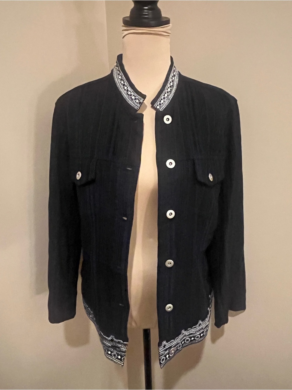 Multiples Black Jacket Mandarin Collar with White Embroidered Trim, size Large